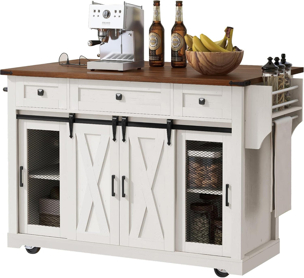 LUMISOL Farmhouse Kitchen Island Cart with Drop Leaf & 3 Drawers, White