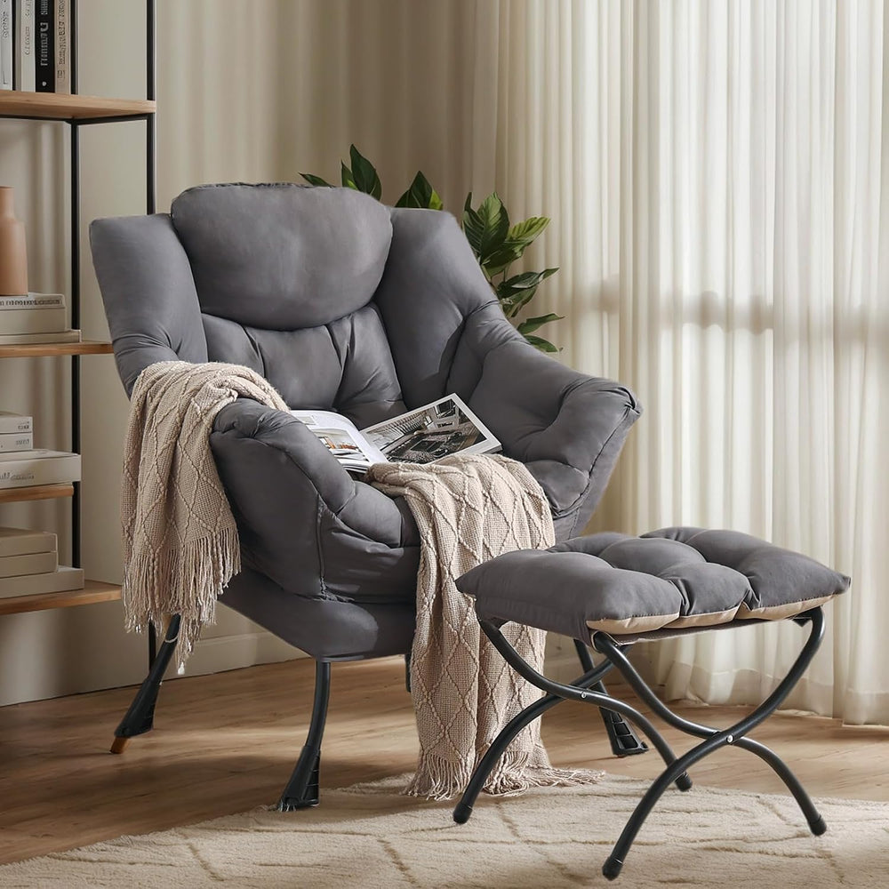 Lazy Chair with Ottoman, Soft Comfy Chair for Bedroom, Grey