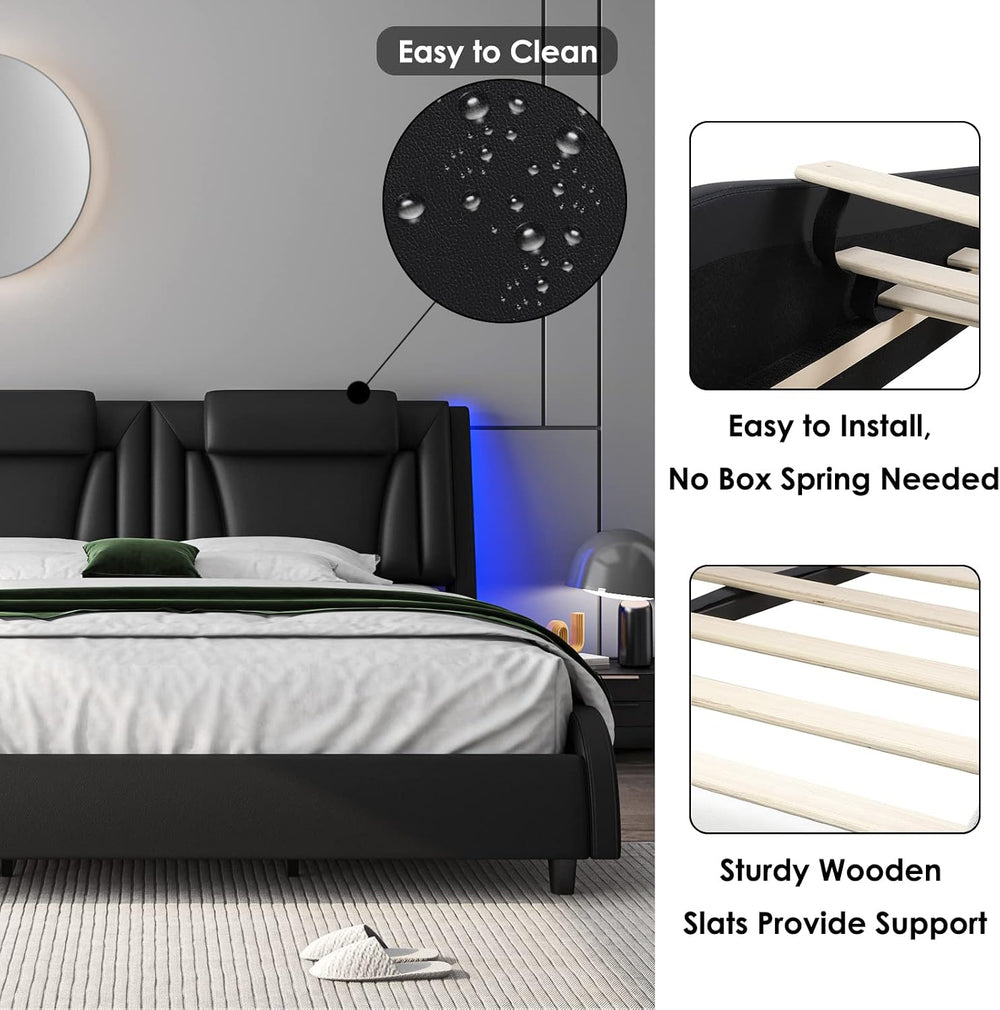 Keyluv Queen LED Upholstered Bed Frame with Adjustable Headboard, Black