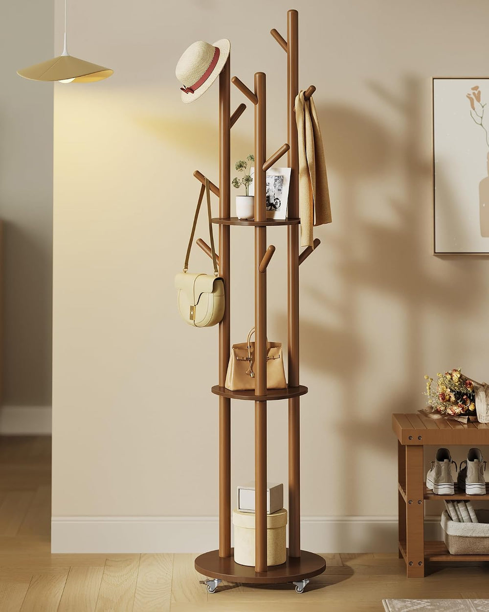 VASAGLE Freestanding Coat Rack Stand, with Wheels, 11 Hooks, 3 Shelves