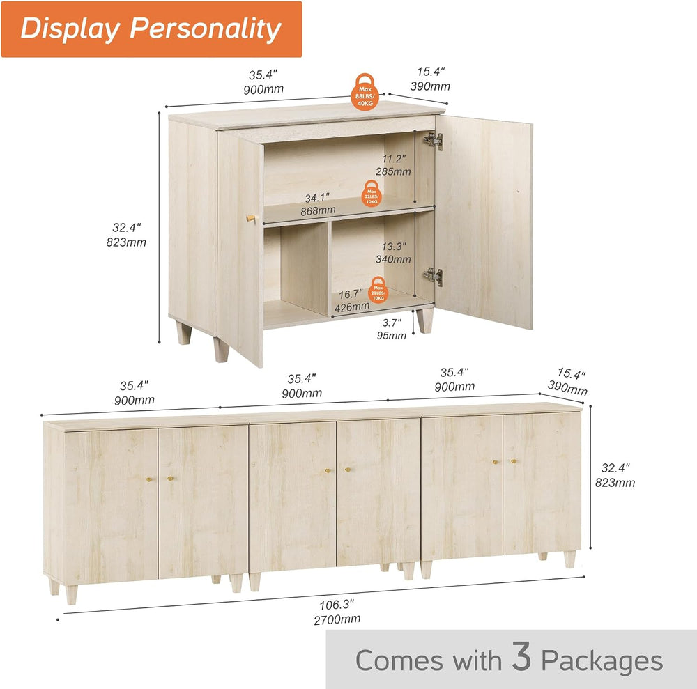 WAMPAT Modern Sideboards Credenza Storage Cabinets, 3 Pieces, Light Oak