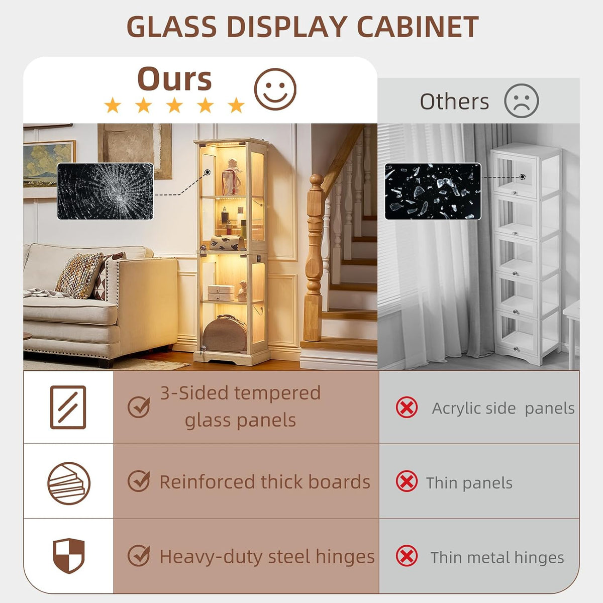 LELELINKY Farmhouse Narrow Glass Display Cabinet with Doors & Lock, Natural
