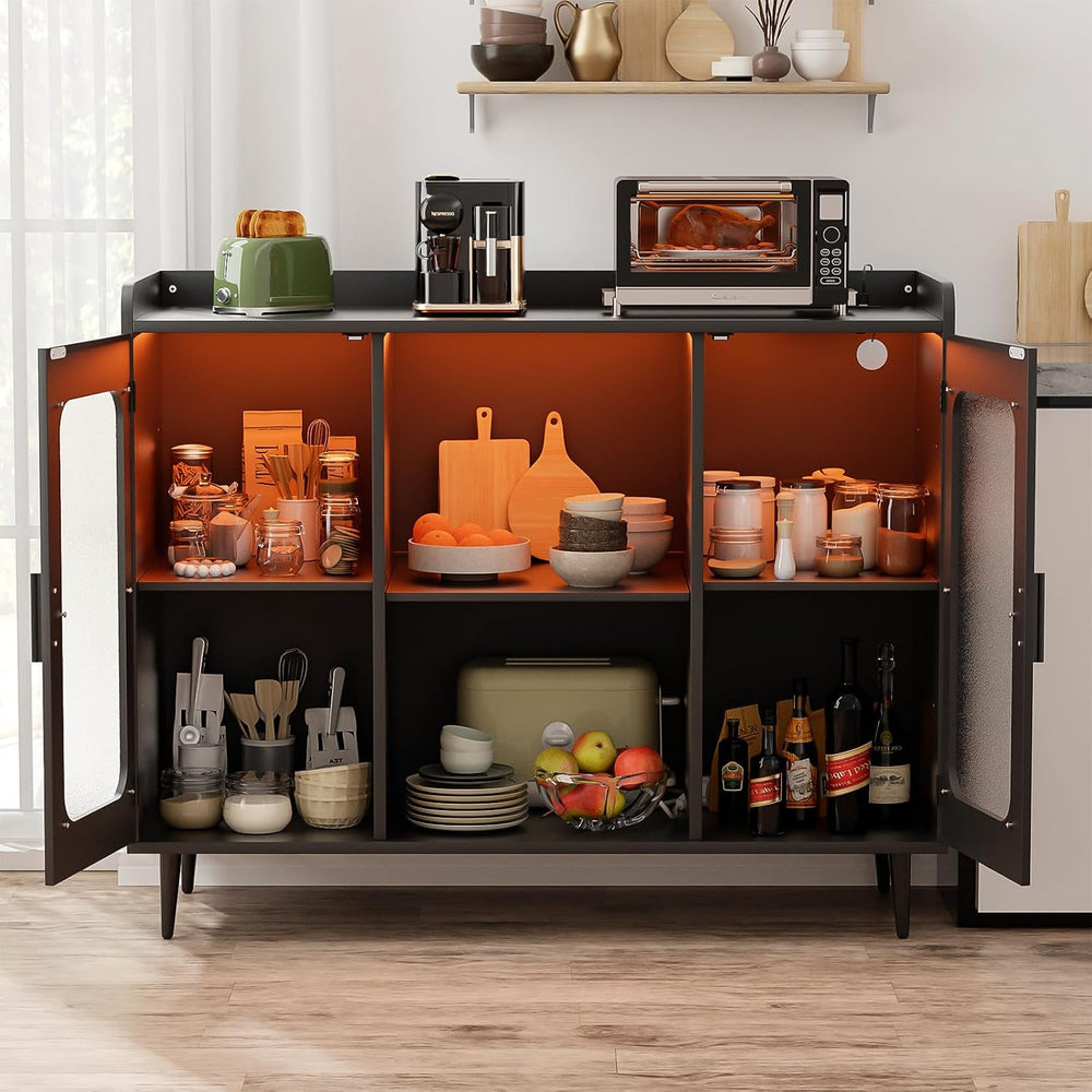 Coffee Bar Cabinet with Power Outlets and LED Light, Black