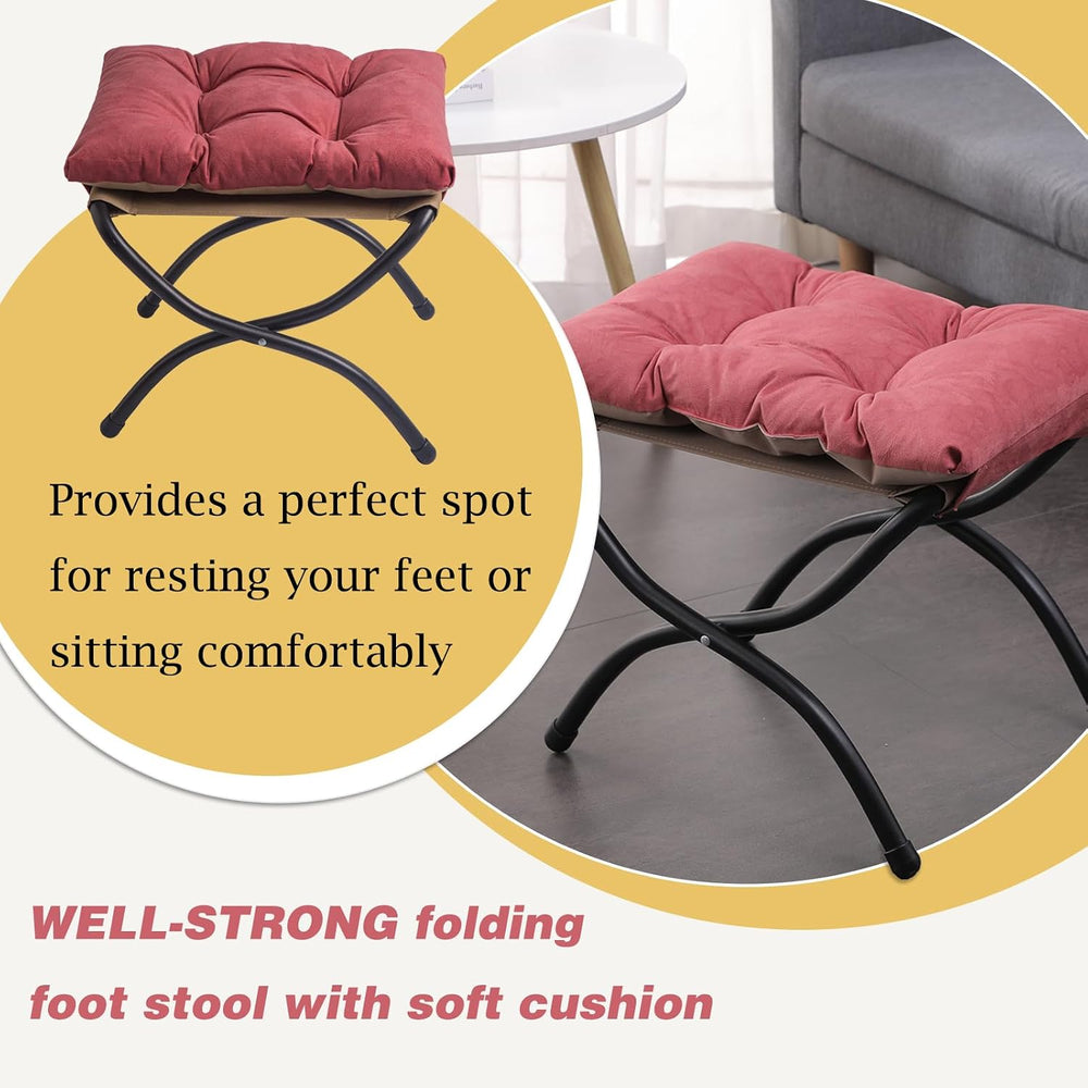 15" Upholstered Folding Foot Rest Stool with Foldable Metal Frame Pink Red