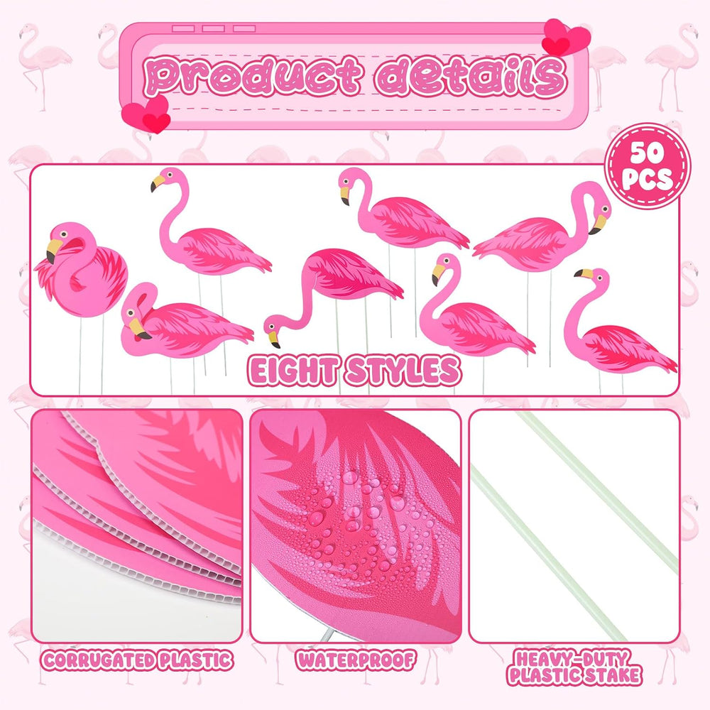 Yuntau 50 Pcs Pink Flamingo Yard Signs with 100 Stakes 8 Styles Patio Decorat...