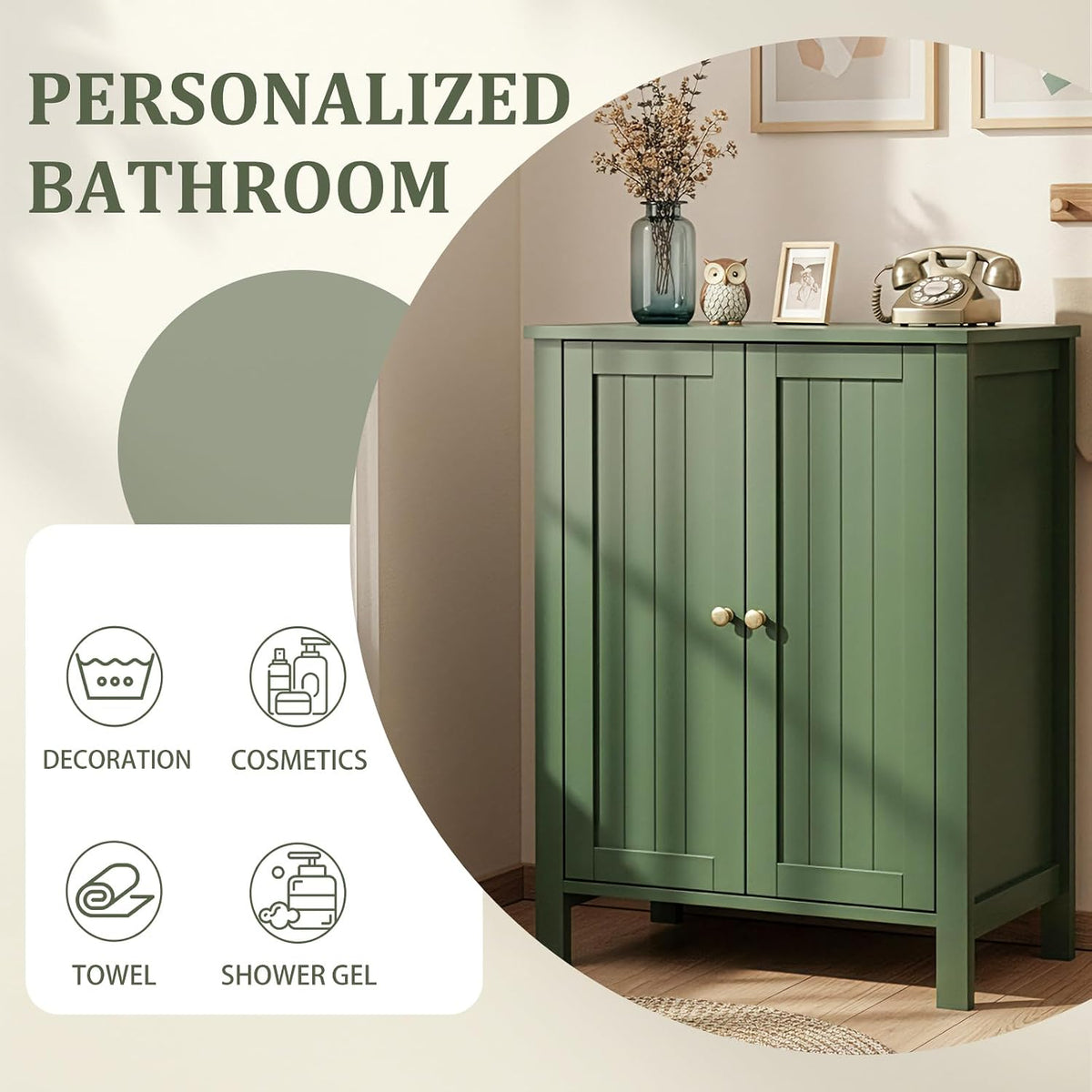 Bonnlo Free Standing Bathroom Cabinet, Sage Green Accent Storage Cabinet with Doors, Small Wooden Floor Console Sideboard for Entryway, Living Room, 31.5" H