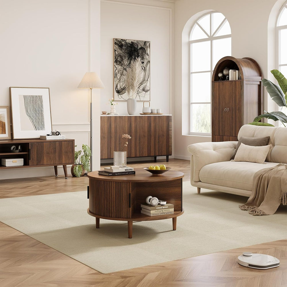 Round Coffee Table with Storage for Living Room, 31.5", Walnut
