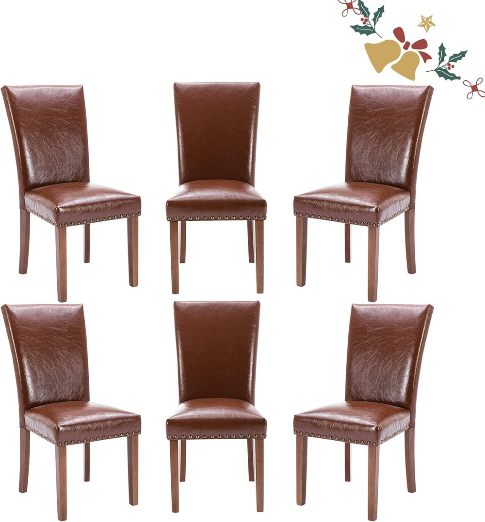 Parsons Dining Chairs Set of 6, Upholstered Nailhead PU Leather Dining Room K...