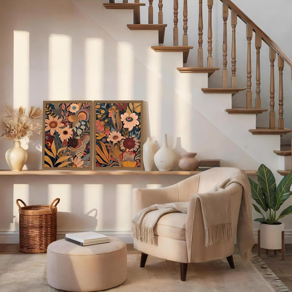 2pcs Orange Flower Framed Canvas Wall Art Set Rural Bohemian Natural Style Ca...