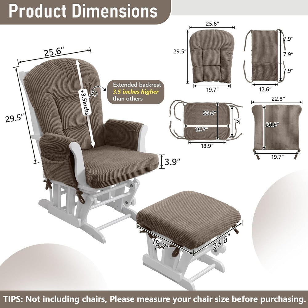 5PCS Glider Rocker Replacement Cushions with Storage Side Pockets, Coffee