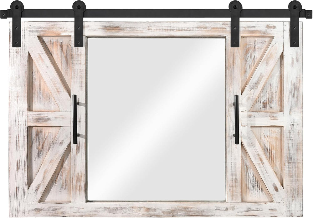 COGOOD Farmhouse Barn Door Mirror - 37" x 26" Wall Mirror Rustic White