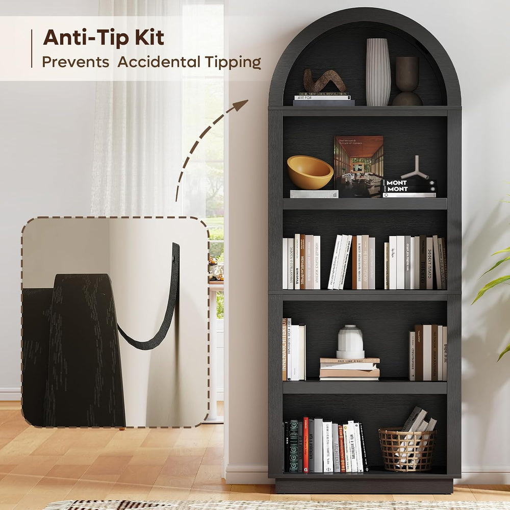 Bestier 76" Tall Arched Bookshelf with Adjustable 2 Book Shelves, Black Oak