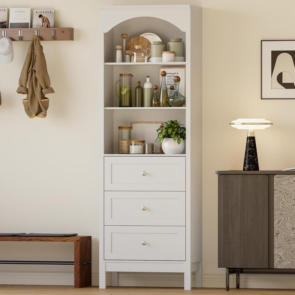 71" h tall bookshelf with drawers, arched book on a desk or shelf