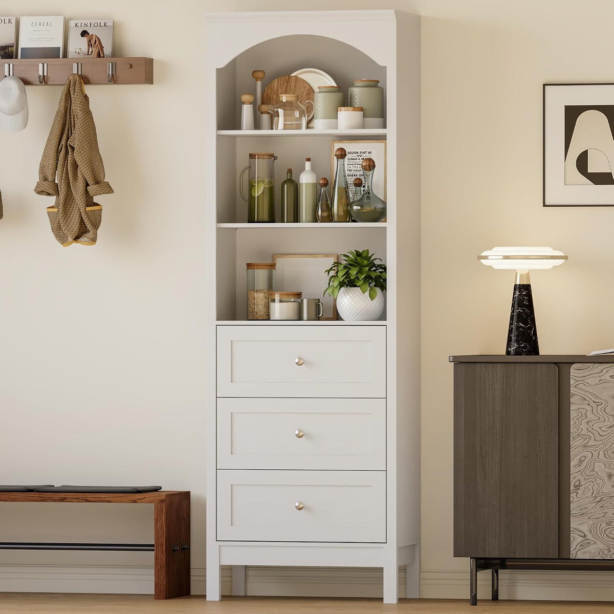 71" h tall bookshelf with drawers, arched book on a desk or shelf