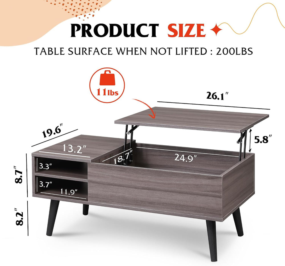 WLIVE Lift Top Coffee Table with Hidden Storage, Adjustable Shelf, Grey
