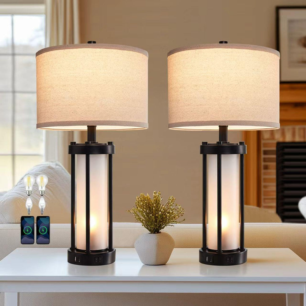 RORIA Set of 2 Modern Table Lamps for Living Room with 2 USB Ports, White Fro...