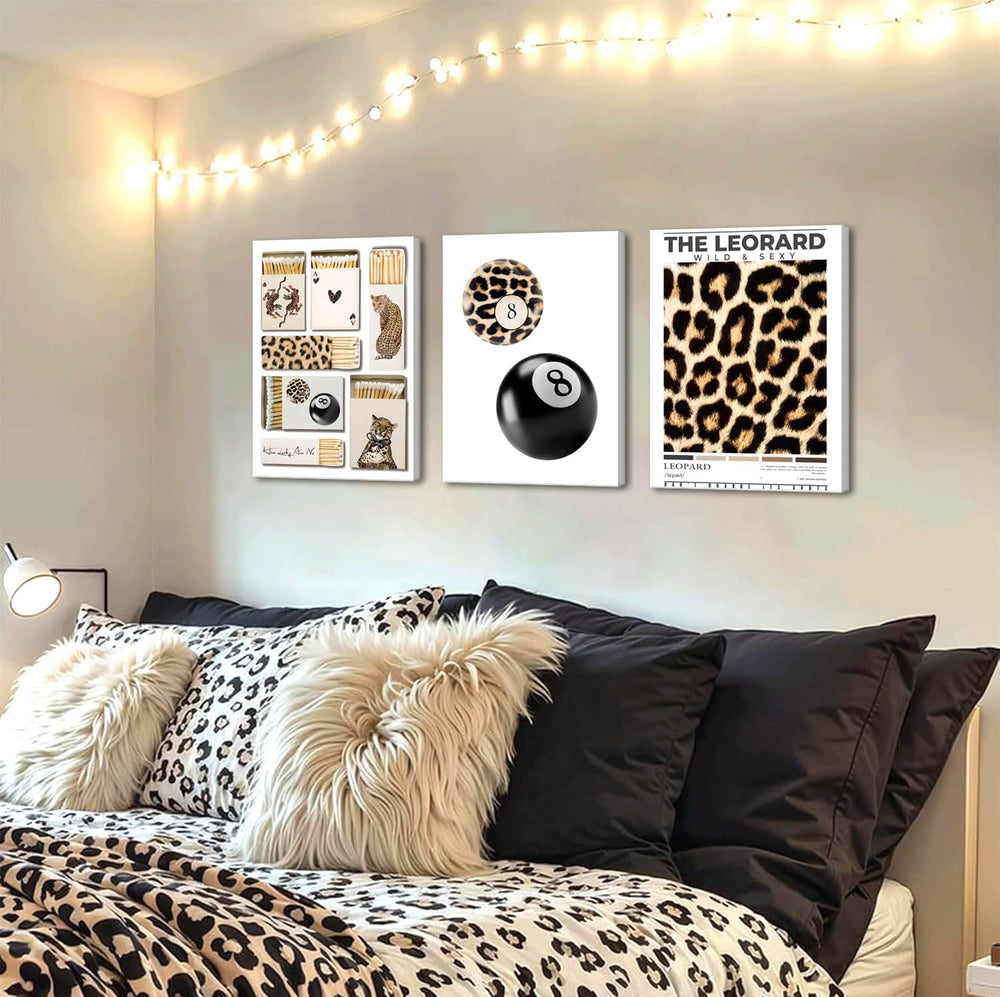 Framed Trendy Leopard Canvas Wall Art Set of 3, Preppy Cheetah Lucky 8 Ball P...