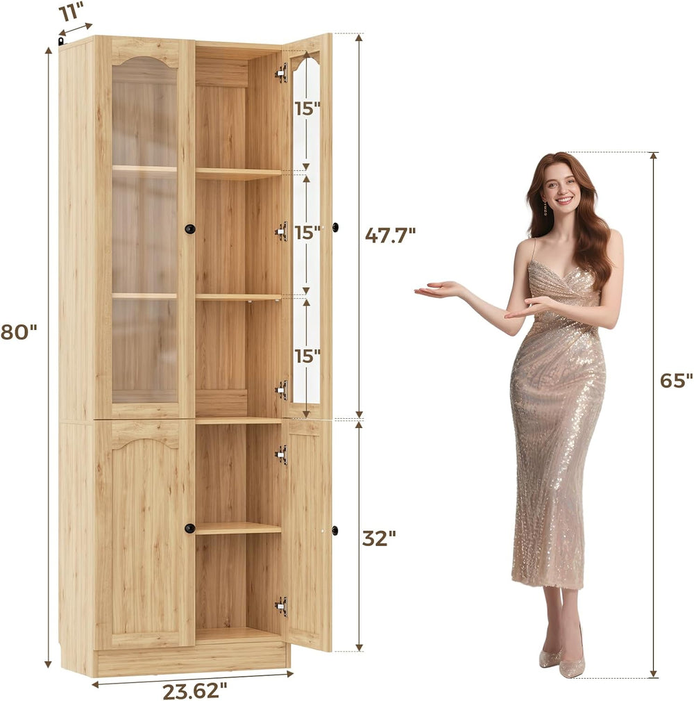 Cyclysio 80"H Bookcase with Arched Glass Door, Adjustable Shelf,Natural Oak