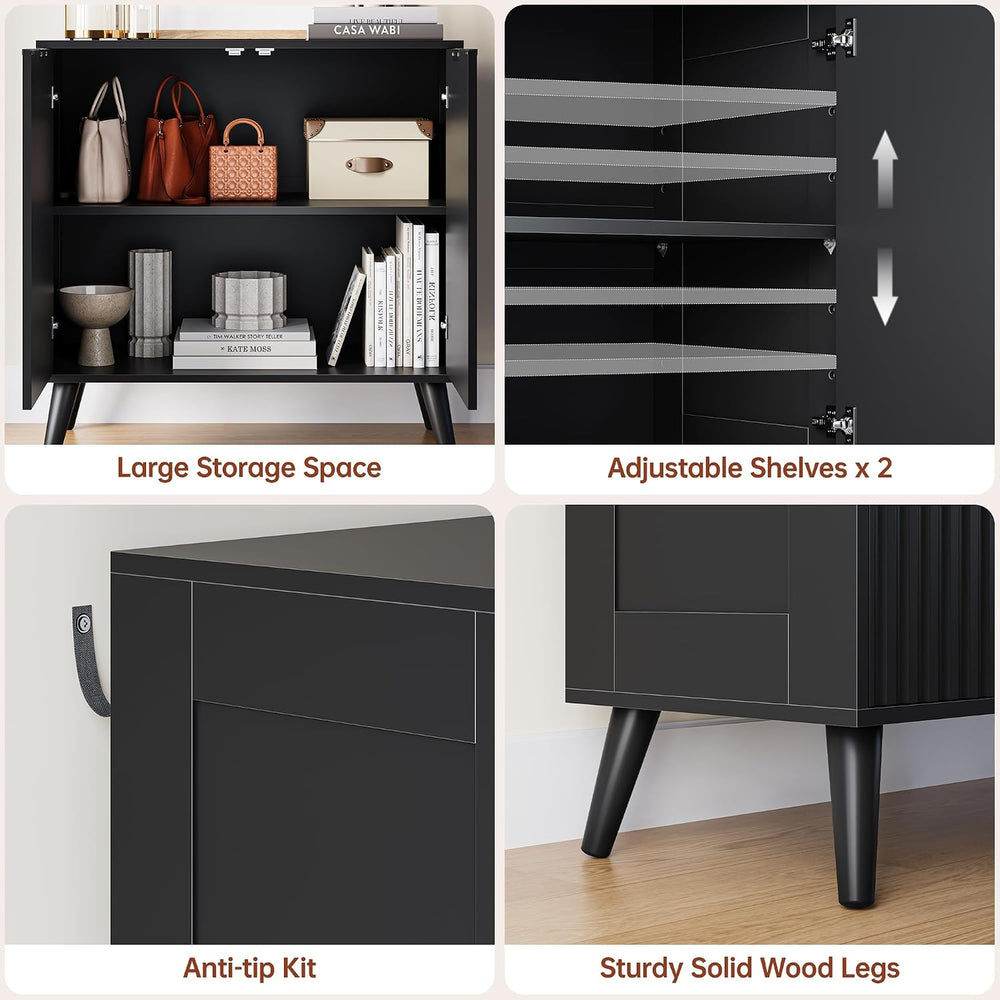 Black Sideboard Buffet Cabinet with Storage, 2 Doors Modern Fluted Buffet Cab...