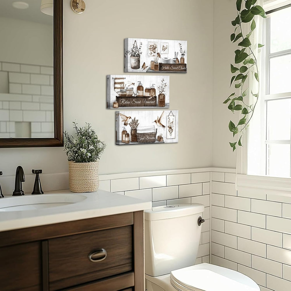 RnnJoile Farmhouse Bathroom Wall Art Set Brown Bathroom Pictures Wall Decor F...