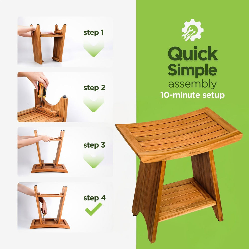 Premium 18" Teak Shower Bench, Non-Slip Safety, 2-Tier - Curved