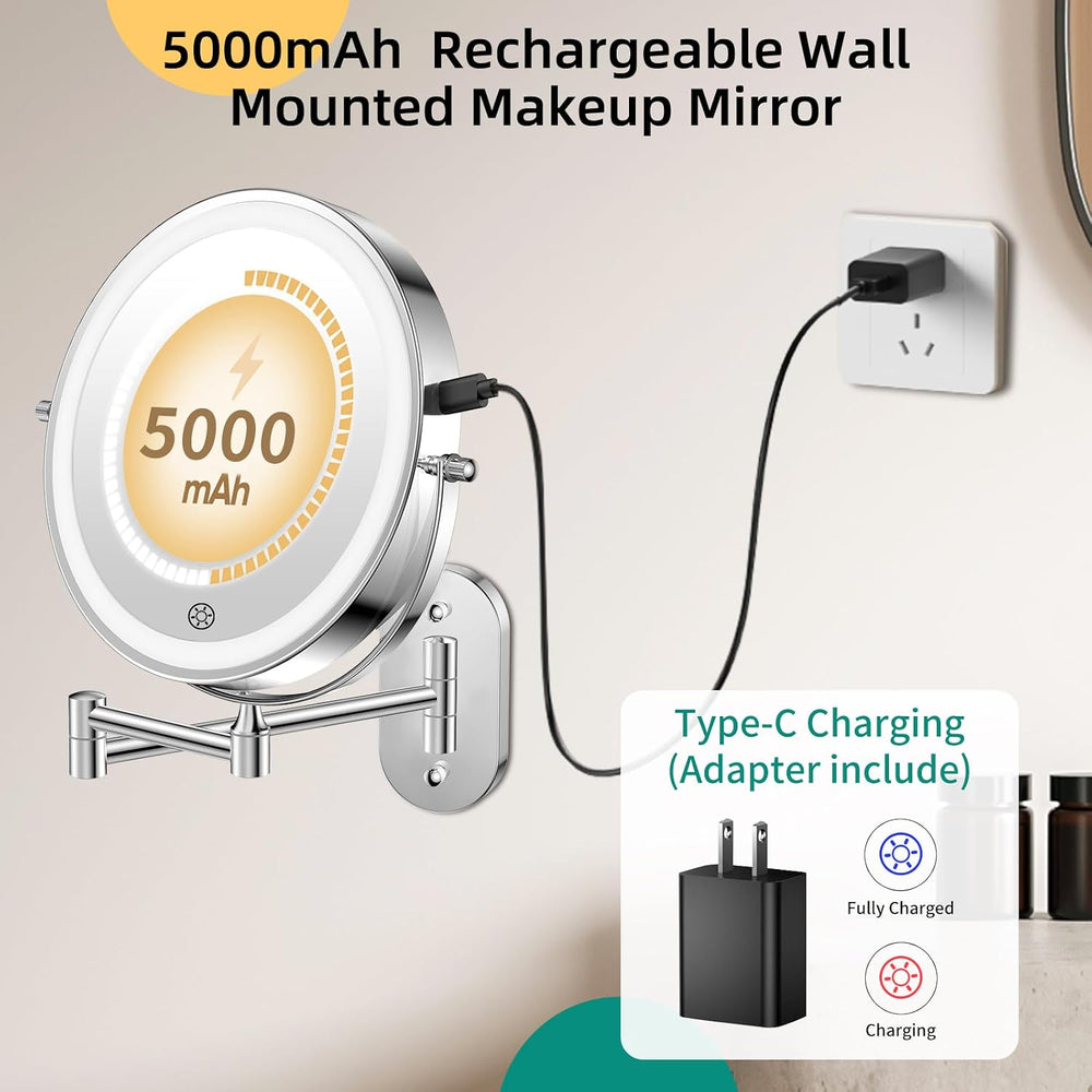FUNTOUCH 5000mAh Rechargeable Wall Mounted Makeup Mirror with Light Charger