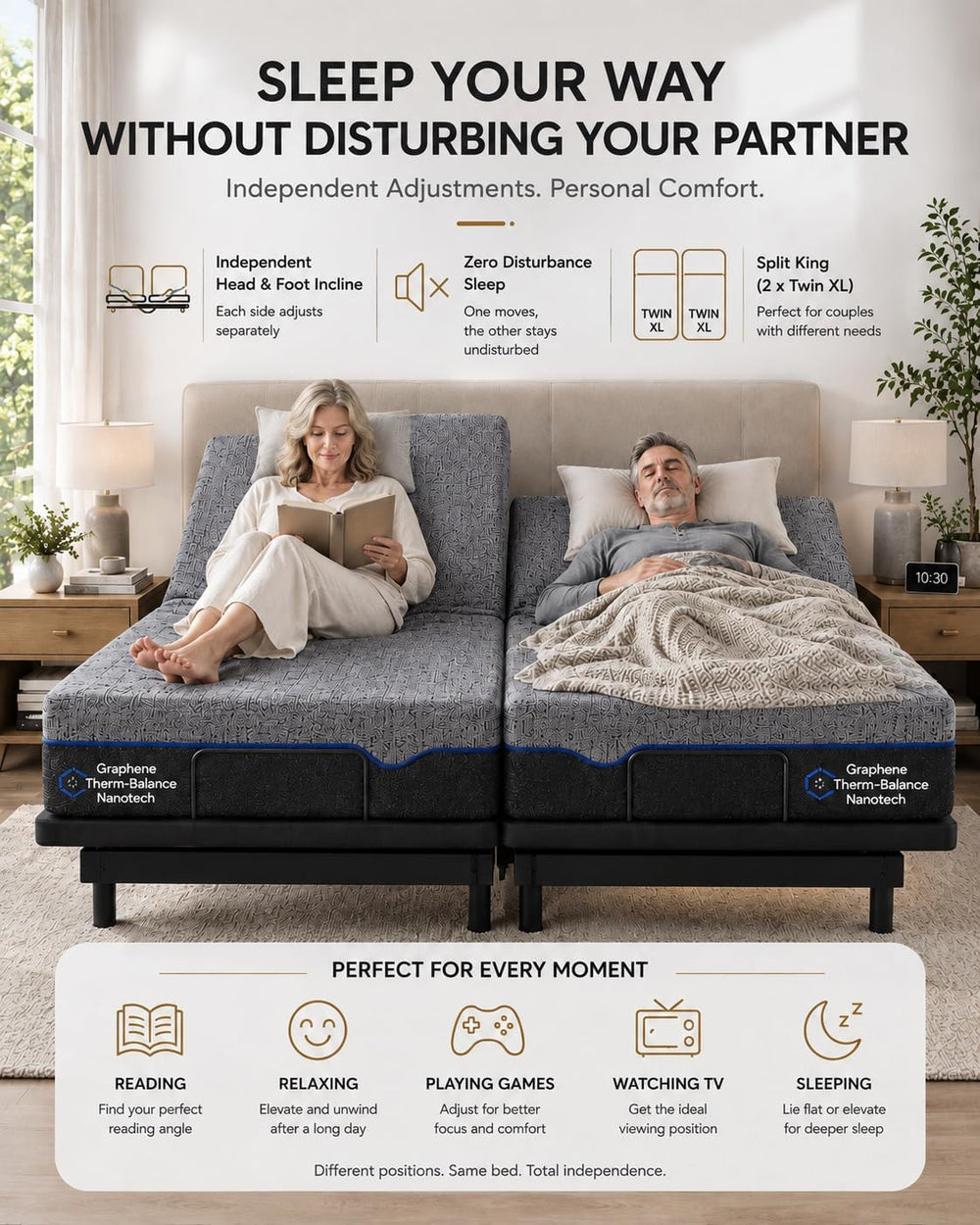 Marsail Adjustable Bed Frame Queen Electric Base, Head & Foot Incline