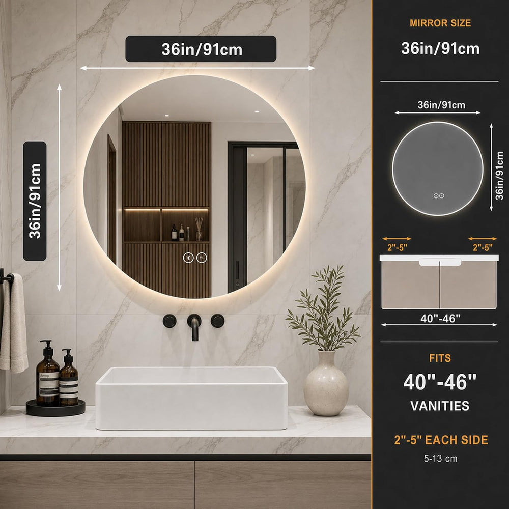 LAIYA 36 Inch Round LED Bathroom Mirror Frameless Backlit Anti-Fog Dimmable