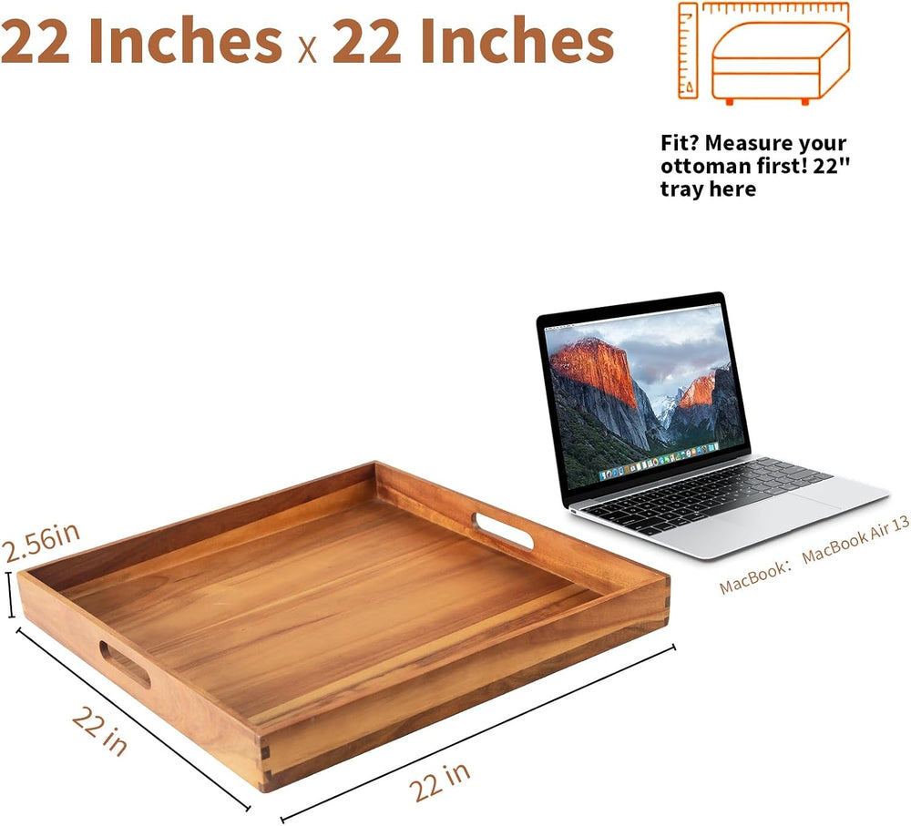 Serving Tray with Handles, 22 inch Large Square Ottoman Tray Coffee Table Tra...