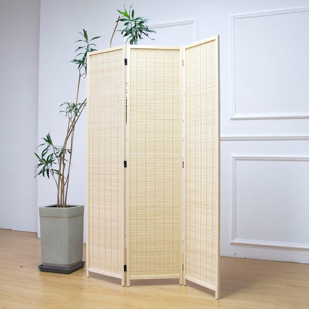 Furnnylane 3 Panel Room Divider and Folding Panel Screen,Bamboo Panel Divider Screen for Room Separation,Beige,67" H x 46" W