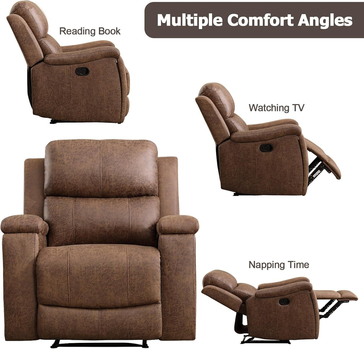 CANMOV Leather Recliner Chair, Classic and Traditional Manual Recliner Chair with Overstuffed Arms and Back, Manual Single Sofa with Concealed Cup Holders,Nut Brown