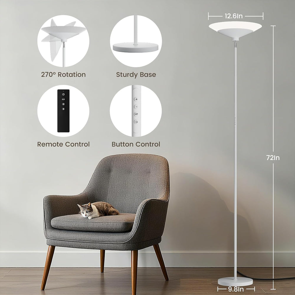 SIBRILLE White Torchiere Floor Lamp - 30W Dimmable LED Standing Lamp with Rem...