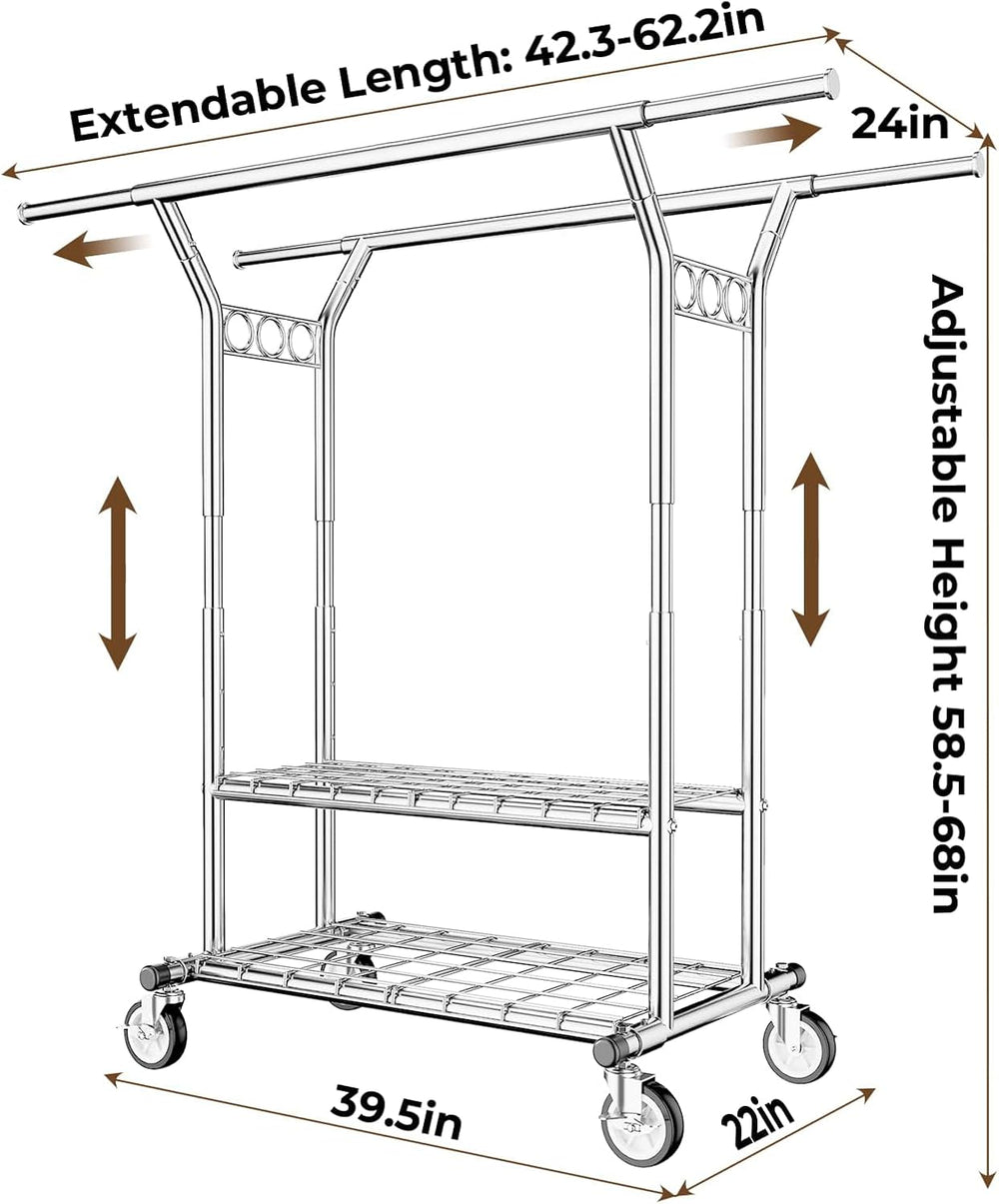 HYSEYY Heavy Duty Clothes Rack 620 LBS, Rolling Clothing Rack with Wheels