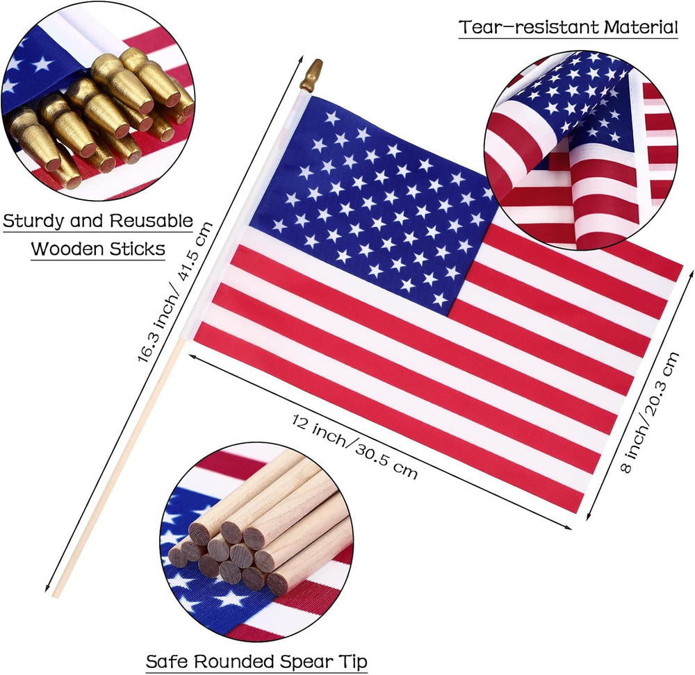 Tegeme 100 Pack Bulk Small American Flags on Stick, Wooden Pole Spear Tip