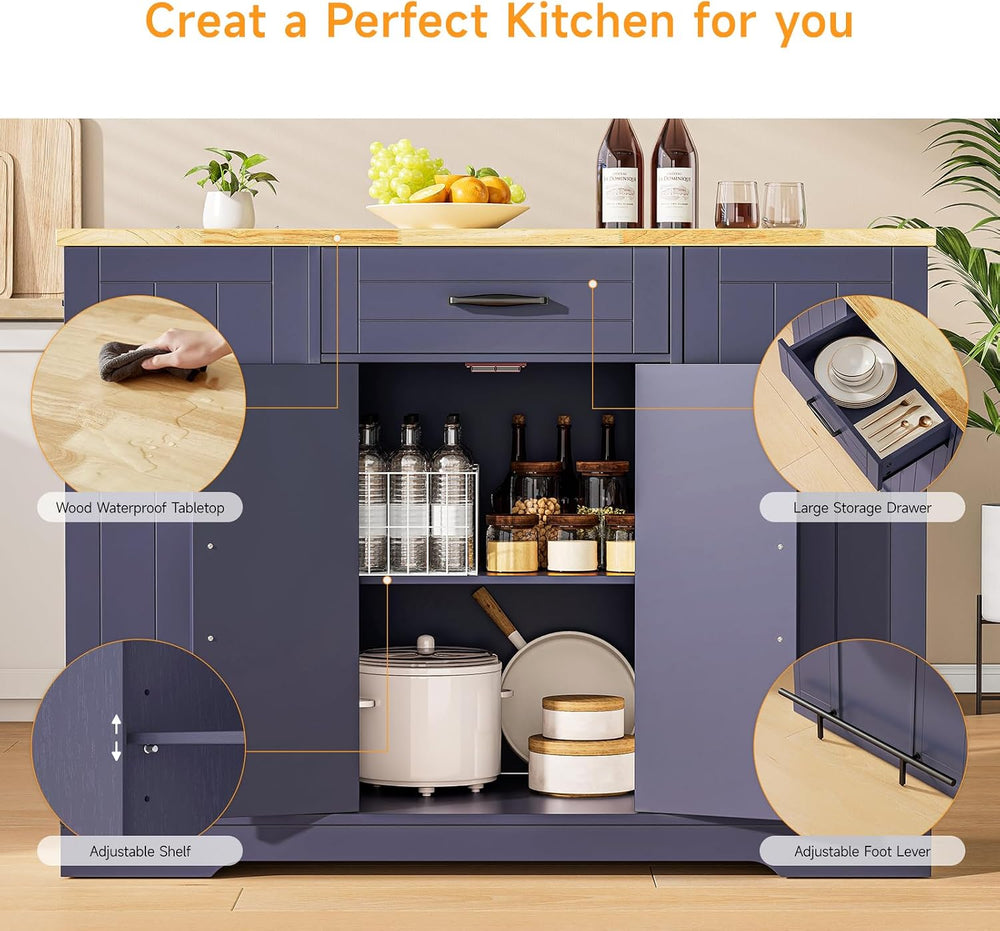ONBRILL 47" Kitchen Island with Trash Can Storage, Include 2 Chairs, Blue