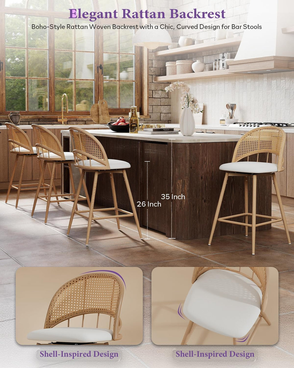 26'' Bar Stools Set of 2, Rattan Counter Height Swivel Stools for Kitchen