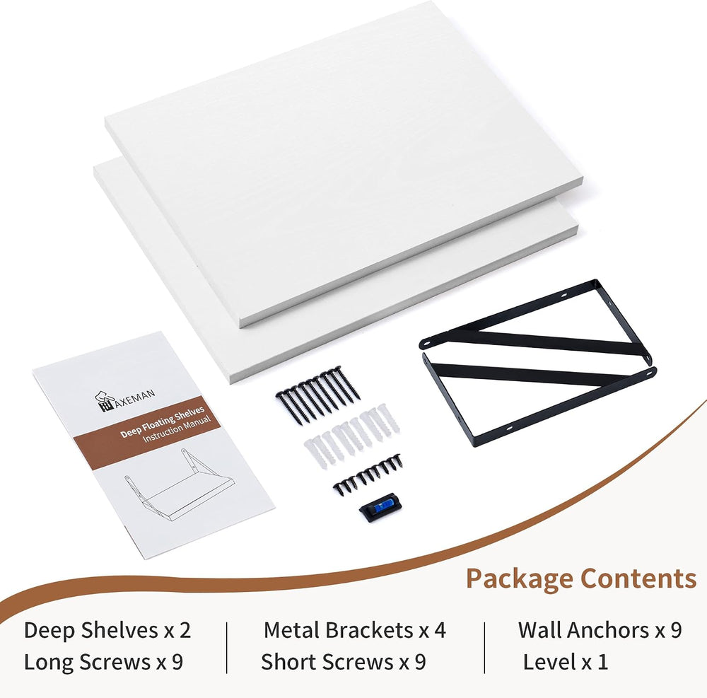 Axeman Deep Floating Shelves - 16 Inch Wide x 12 Inch Deep White Wall Shelves...