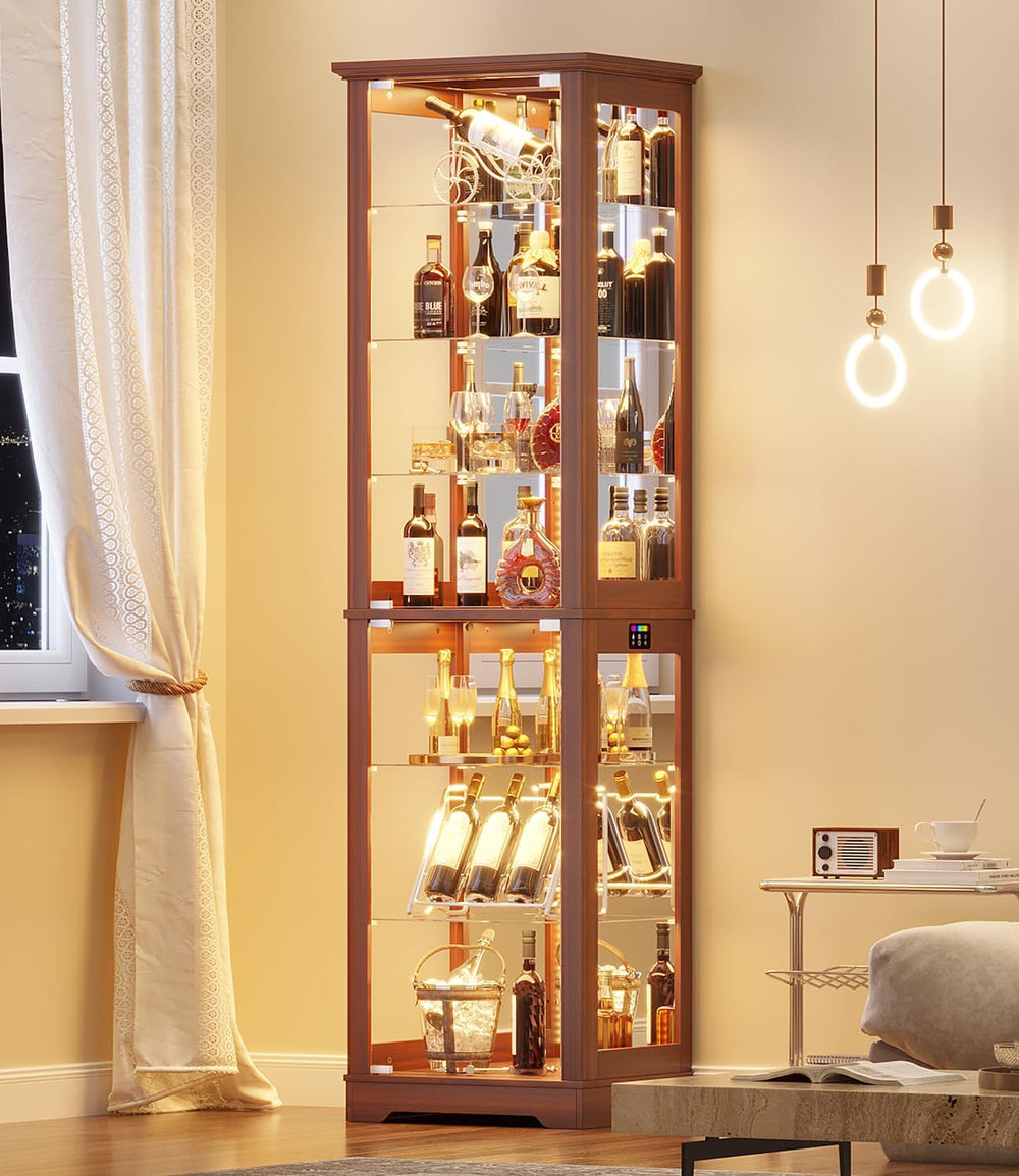 LVSOMT 71“ Tall Bar Cabinet with RGB Lights & Glass Doors, 7-Tier, Wood