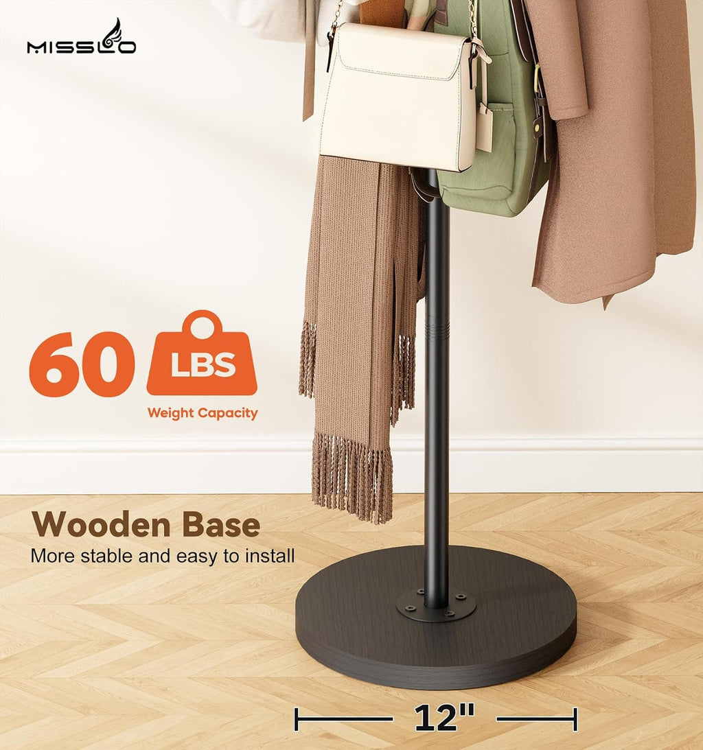 MISSLO Heavy Duty Coat Rack Freestanding with Stable Wood Base Modern Coat Tree with 12 Hooks Adjustable Coats Hanger Stand Stylish Standing Clothes Tree for Entryway Bedroom Corner Hall (Black)