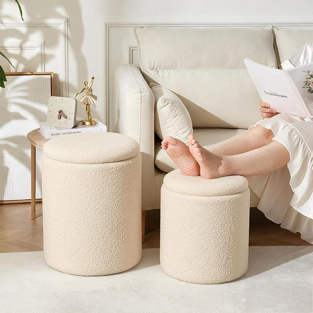 YYW HOME Round Storage Ottoman for Living Room, Beige Ottoman Set of 2