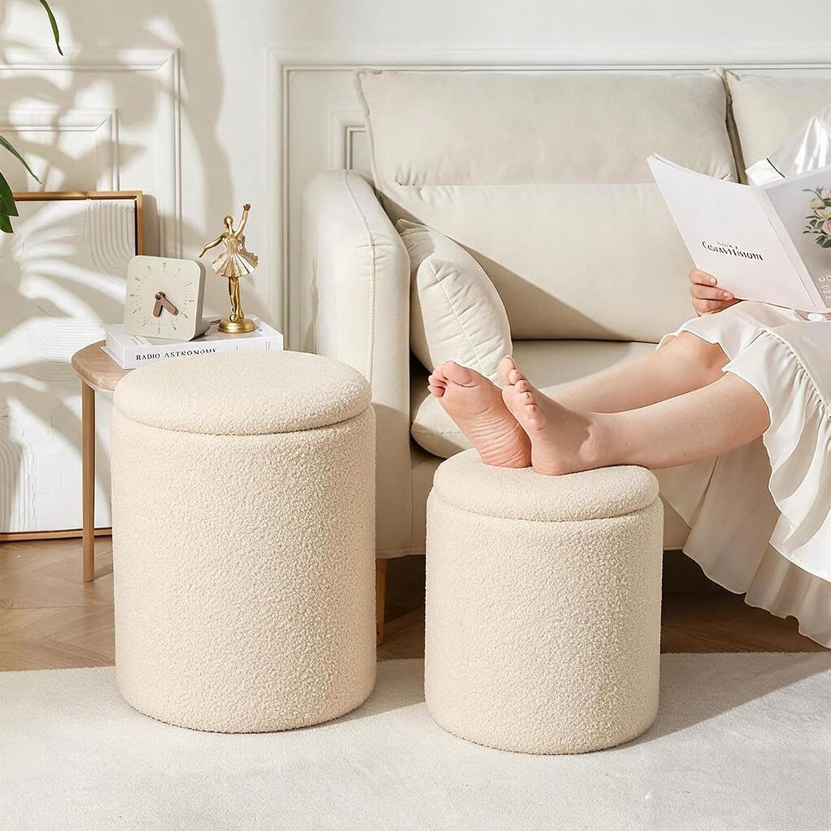 YYW HOME Round Storage Ottoman for Living Room, Beige Ottoman Set of 2