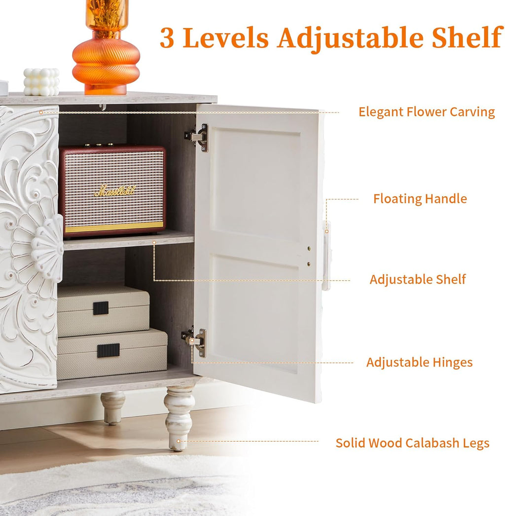 White Distressed Carved Accent Cabinet,2 Door Vintage Storage Sideboard