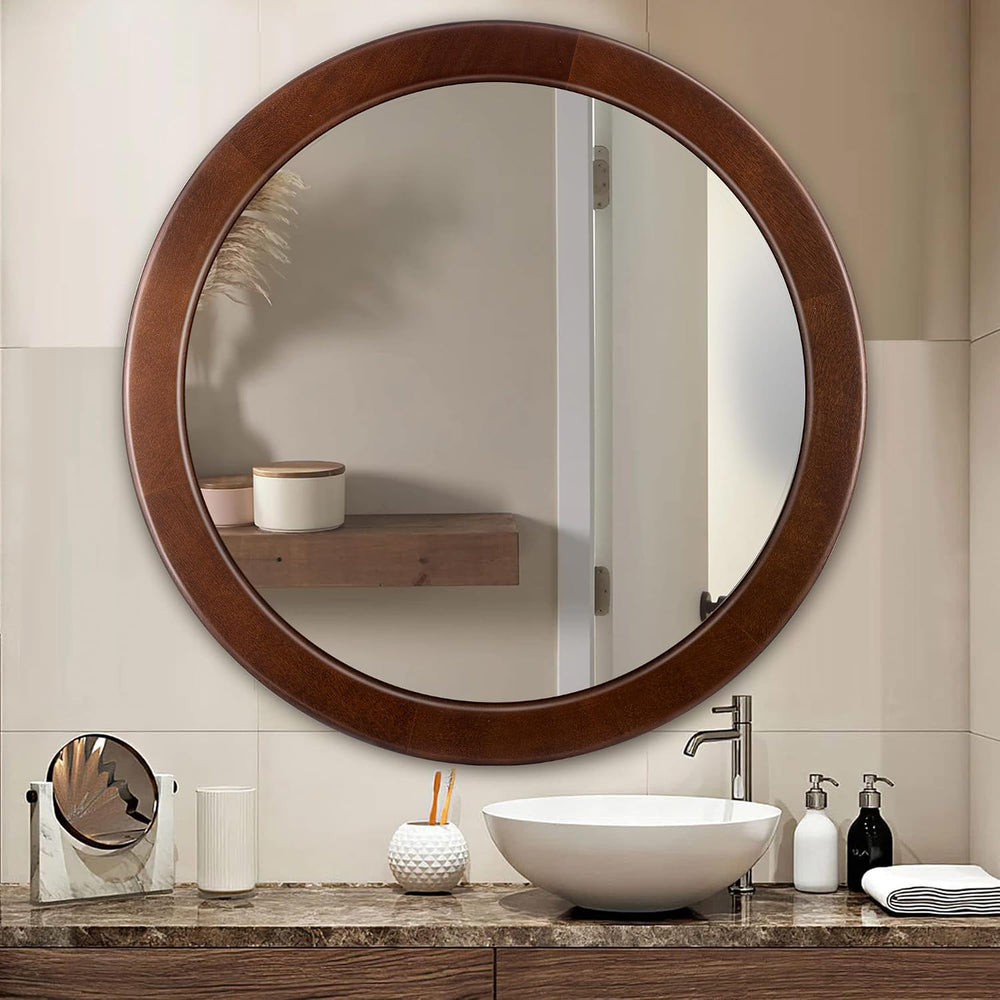 Round Mirrors 30 Inch,Wood Vanity Wall Rustic Mirror With Walnut Frame