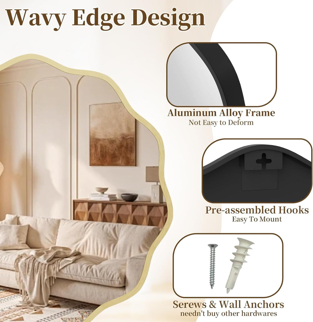 HOMECOOKIN 24" Wavy Round Wall Mirror, Gold Scalloped Circle Mirror Edge...