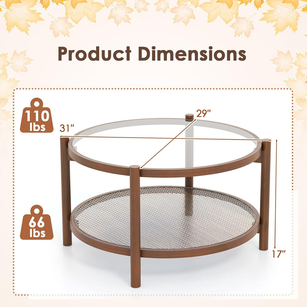GIANTEX Rattan Coffee Table, Boho Round Glass Tea Table with PE Rattan Storag...