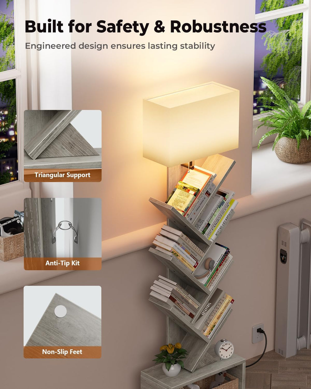 Evermagin 6 Tier Tree Bookshelf with Light, Bookcase, Gray