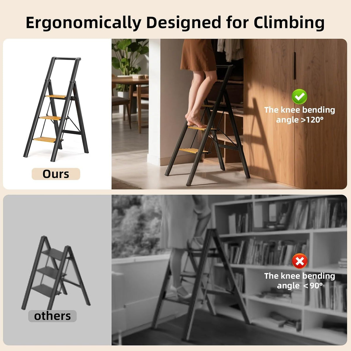SOLADDER Folding 3 Step Ladder with Handrails,Foldable Step Stool