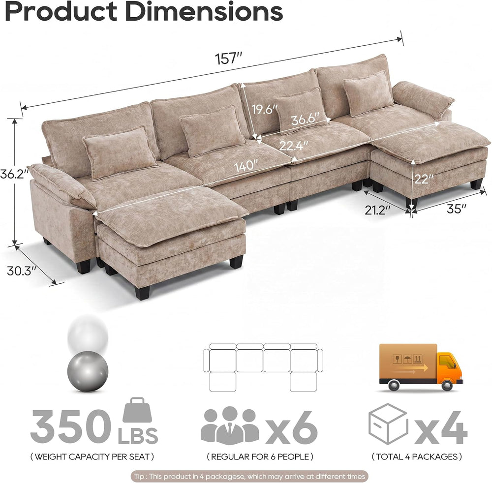 URRED Oversized Modular Sectional Sofa，Khaki：157" U Shaped