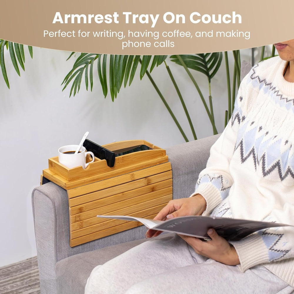 Bamboo Couch Arm Tray Table | 2-in-1 Detachable Sofa Tray with Slidable Cup H...