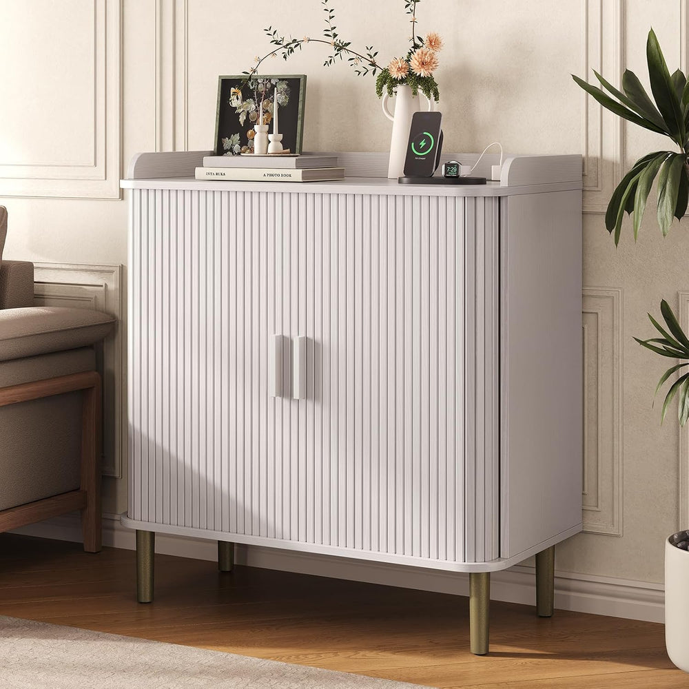 ONBRILL Fluted Bar Cabinet with Storgae, Wine Cabinet, 33" H, White